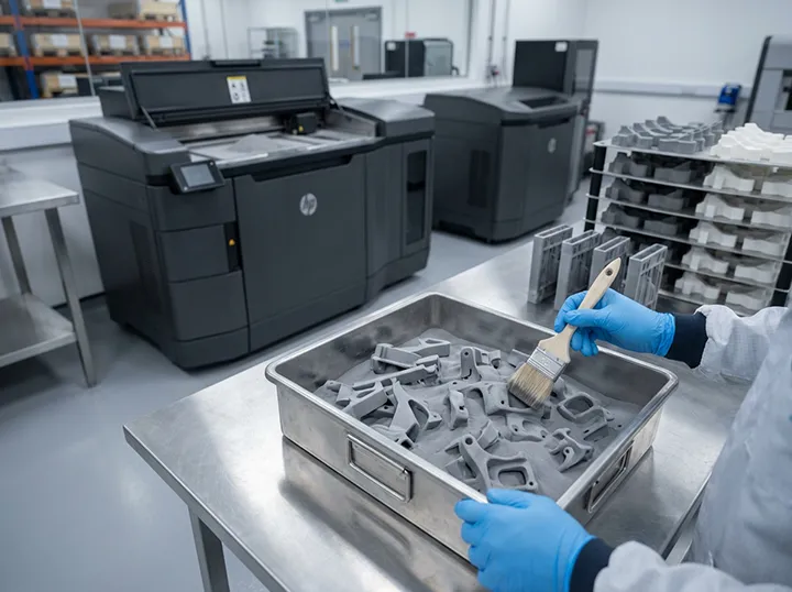 HP MJF Baskı teknolojisi ile üretilen PA12 parçaların toz temizleme ve işlem sonrası aşamasını gösteren üretim tesisi görseli.