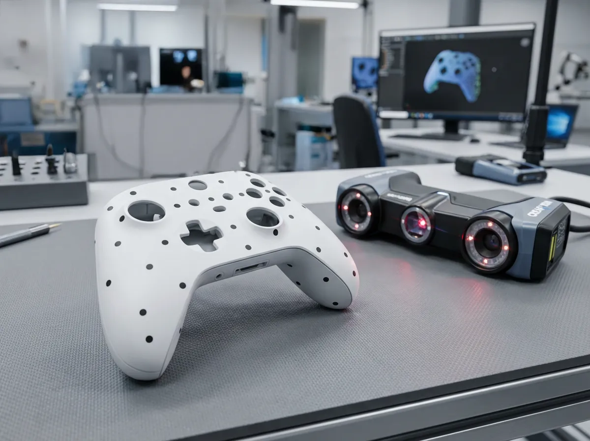 Tersine mühendislik ve 3D tarama işlemi için referans noktaları (marker) ile işaretlenmiş hassas yüzeyli beyaz prototip.