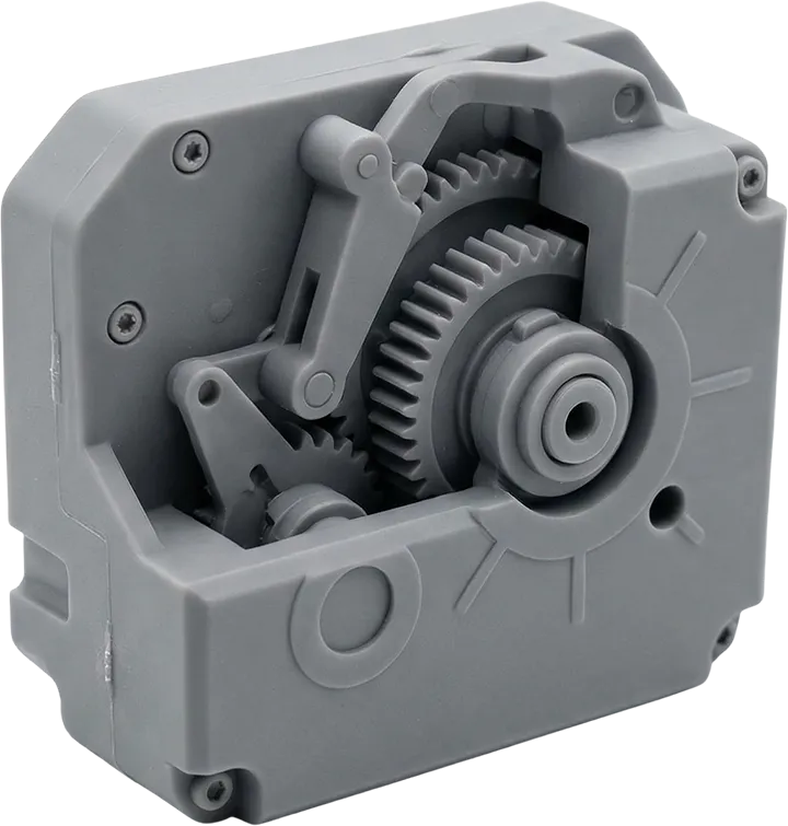 Mat gri renkte, ABS benzeri teknik reçineden üretilmiş mekanik parça, Apple tarzı minimal ve beyaz arka planlı ürün görseli.