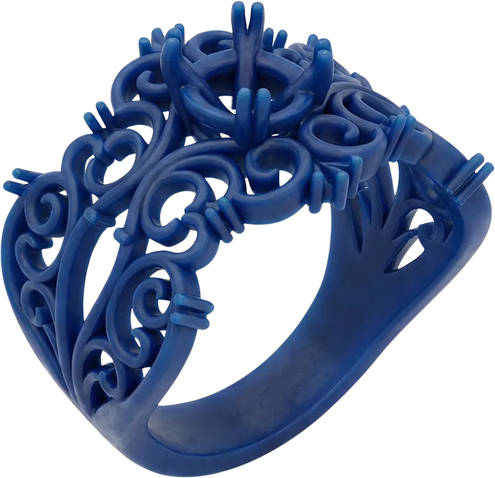 Kuyumculuk ve hassas döküm için SLA teknolojisi ile üretilmiş mavi döküm tipi reçine takı modeli.