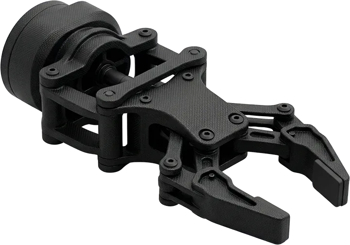 Metal dayanımına sahip karbon fiber takviyeli naylon (PA-CF) malzemeden üretilmiş 3D baskı robotik parça.