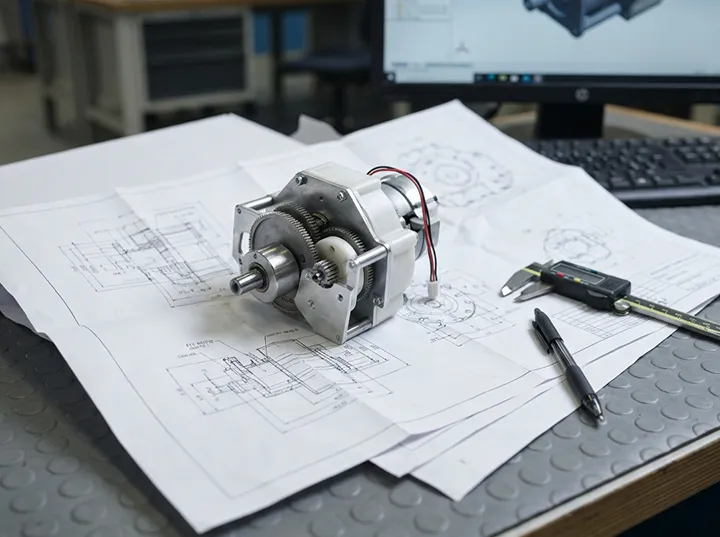 dfm-analysis-prototype-on-technical-blueprint Üretilebilirlik analizi (DFM) kapsamında teknik çizimler üzerinde incelenen fiziksel 3D baskı numune.