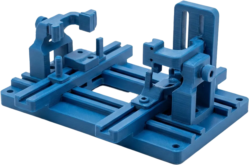 FDM 3D Printed Industrial Jig and Fixture Blue industrial jig and fixture tool for assembly lines produced via FDM 3D printing technology.