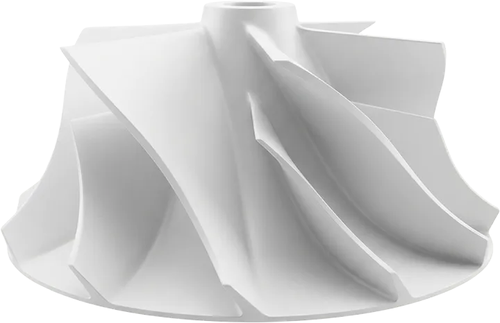 Yüksek sertlik ve ısı dayanımı sağlayan cam dolgulu rijit beyaz reçine ile üretilmiş 3D baskı türbin kanatçığı.