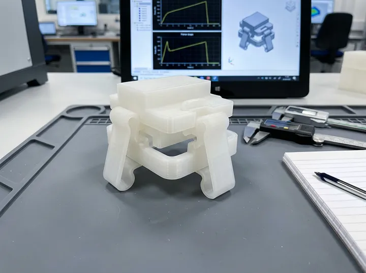 functional-test-prototype-snap-fit-mechanism Fonksiyonel test aşamasında mekanik özellikleri ve tırnak (snap-fit) yapıları doğrulanan temiz mühendislik plastiği prototip.