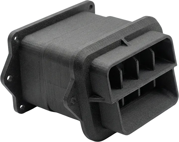 Otomotiv ve endüstriyel projeler için üretilmiş, yüksek ısı dayanımlı mat siyah ABS filament 3D baskı parça stüdyo fotoğrafı.