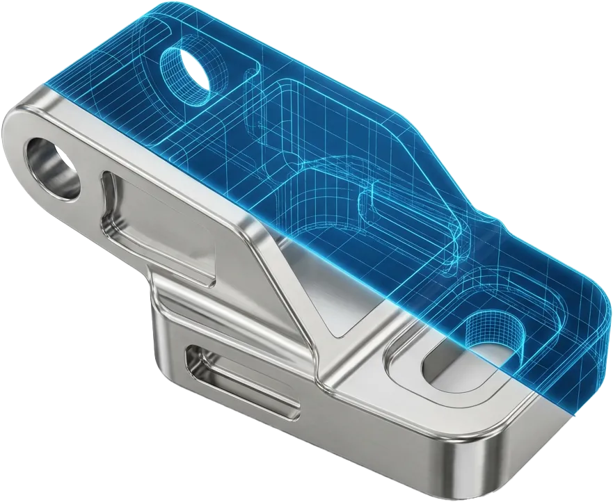 muhendislik-tasarim-cad-prototip-donusumu Mühendislik ve tasarım sürecini simgeleyen, dijital CAD çiziminden fiziksel ürüne dönüşen mekanik parça görseli.