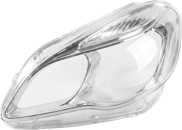 Optik şeffaf döküm reçinesi ile üretilmiş, cam berraklığında ve yüksek detaylı otomotiv far lensi prototipi.