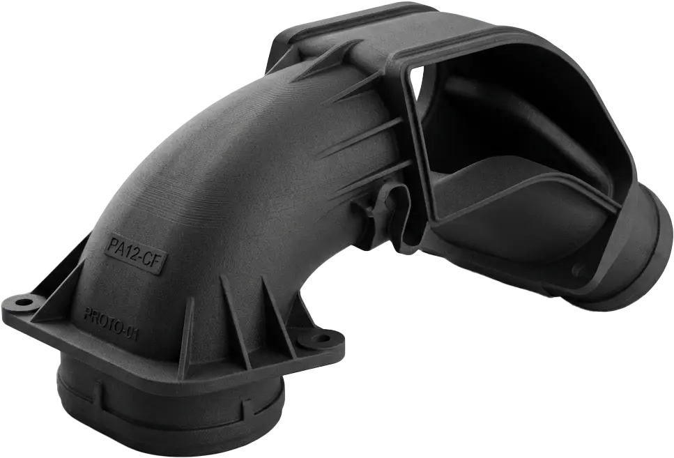 SLS 3D baskı teknolojisi ile üretilmiş, otomotiv sektörü için fonksiyonel hava giriş kanalı prototipi.