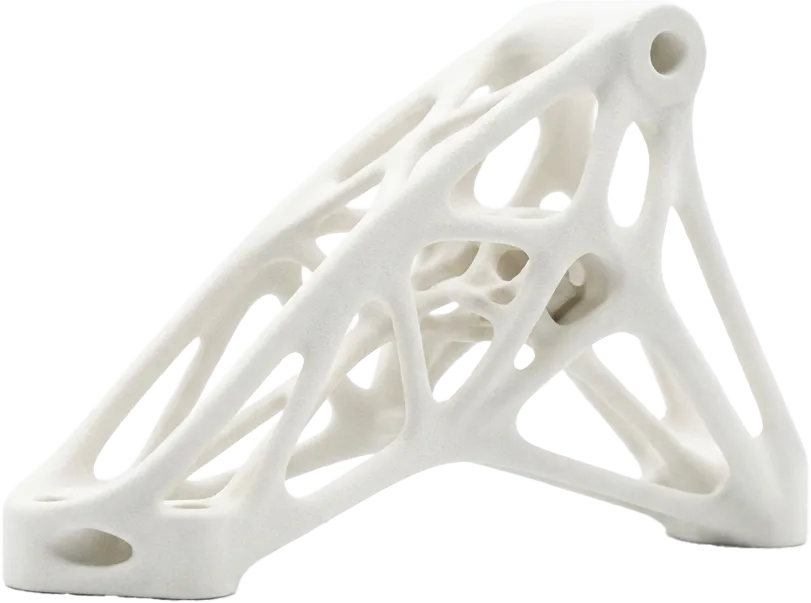 SLS Printed Topology Optimized Bracket White automotive bracket with complex geometry and topology optimization sintered via SLS.