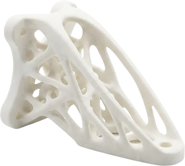 White polyamide part with complex internal lattice geometries sintered via SLS technology.