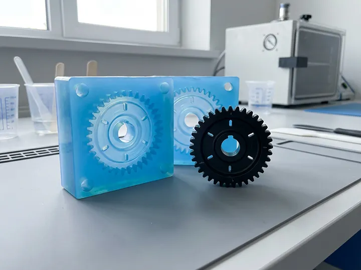 Vakumlu döküm atölyesinde silikon kalıp ve bu kalıptan üretilmiş poliüretan son ürün.