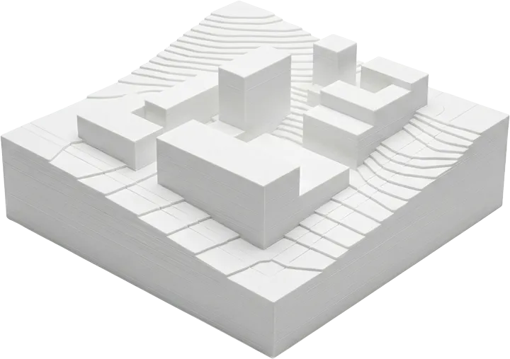 fdm-printing-architectural-massing-model-topography FDM 3D baskı teknolojisi ile üretilmiş, kentsel dönüşüm ve topografya çalışmaları için kullanılan beyaz kütle çalışması (massing model).