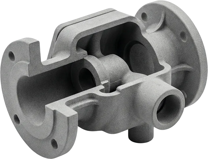 hp-mjf-printing-chemical-resistant-industrial-valve HP MJF teknolojisiyle üretilmiş, iç kanalları ve et kalınlığı detaylarını gösteren kesit alınmış gri endüstriyel vana gövdesi prototipi.