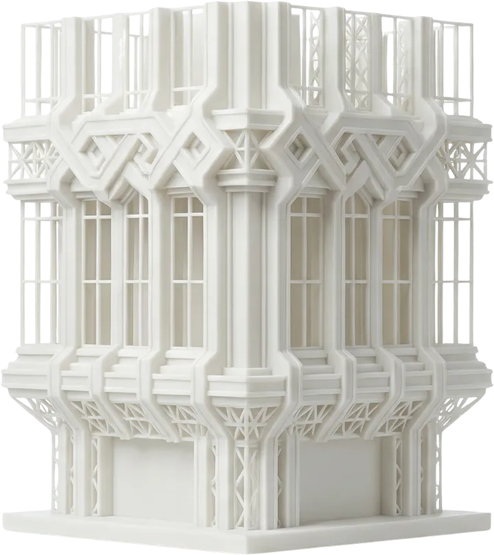 sla-resin-printing-detailed-architectural-facade SLA reçine baskı ile üretilmiş, mikron hassasiyetinde pencere ve yapı detaylarına sahip mimari cephe kesiti prototipi.