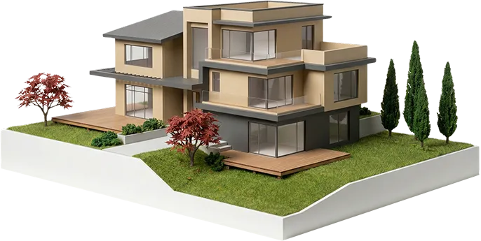 visual-prototyping-finished-architectural-scale-model Satış ofisleri için hazırlanmış, profesyonel boyalı, peyzajlı ve cam detaylı gerçekçi mimari villa maketi.