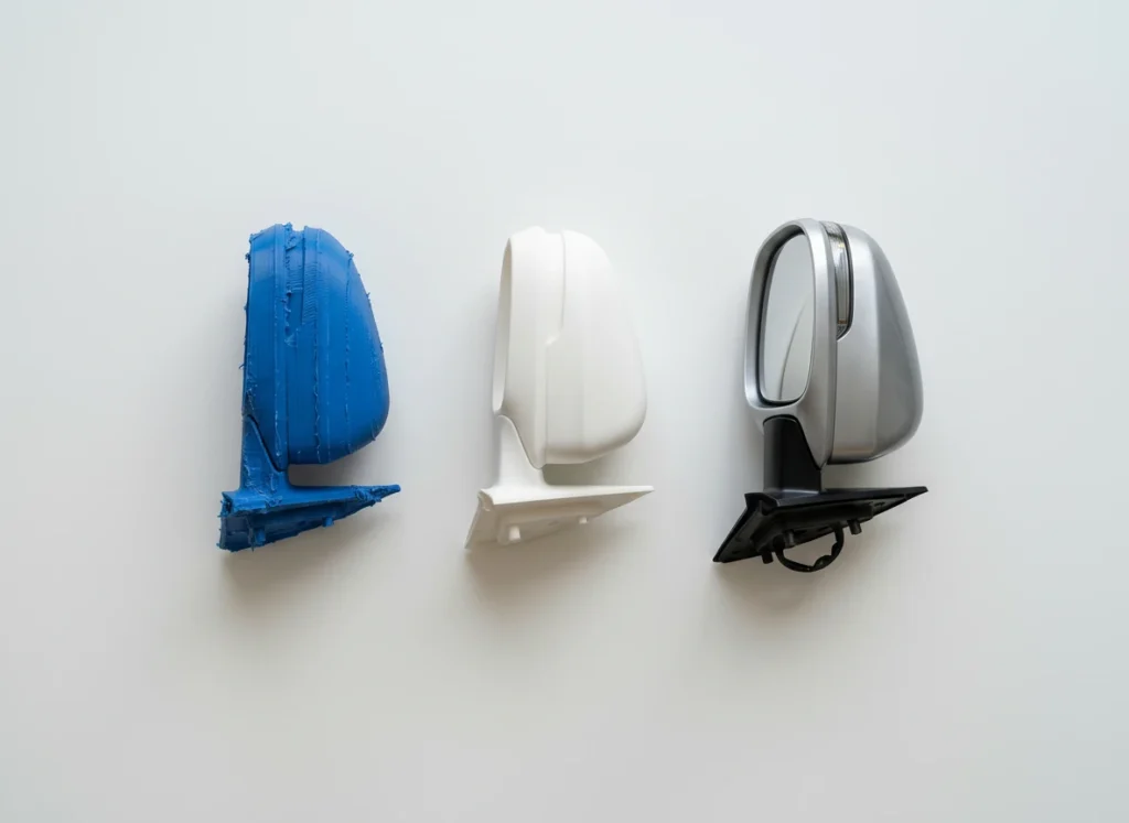 Otomotiv parça üretim döngüsü: Teknik çizim, kaba FDM baskı, hassas SLA prototip ve boyalı nihai ayna parçası.