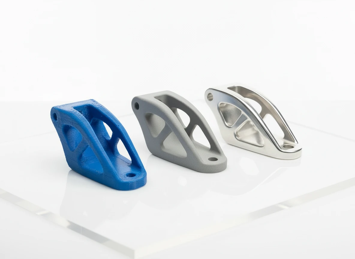 Endüstriyel hızlı prototipleme sürecini anlatan; kaba taslak, fonksiyonel prototip ve nihai metal parça aşamalarının yan yana karşılaştırması.